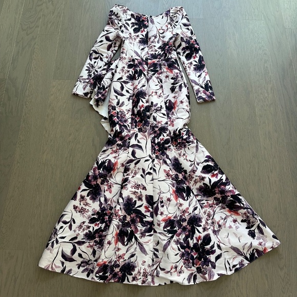 Badgley Mischka Floral Flounce Hem Ruffle Gown Maxi Dress Eggplant Multi Size 2 - Picture 3 of 13